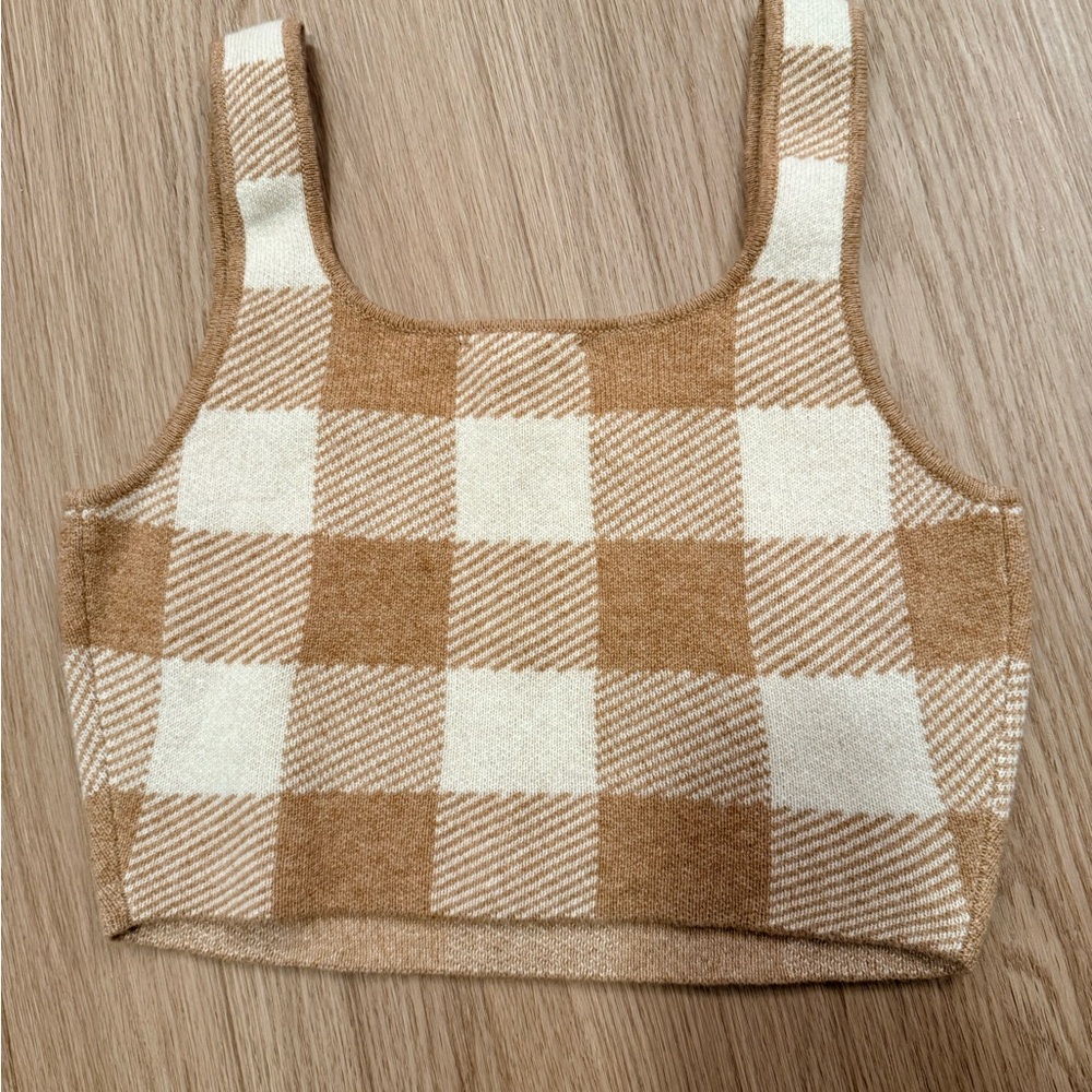 Reformation Fonte Beige Checked Cropped Cashmere Tank Top Size S - Picture 3 of 4
